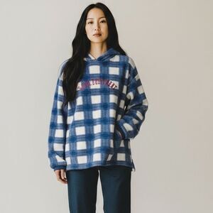 Vintage B.U.M Equipment Plaid Hoodie Blue Unisex Size L 90s Grunge Style